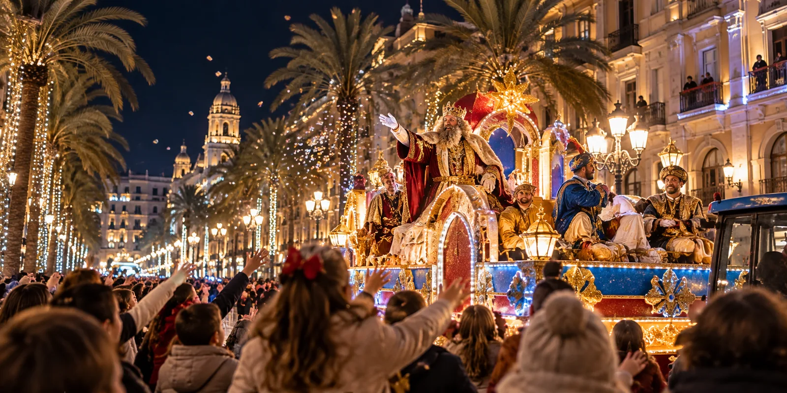 Carroza de los Reyes Magos lanzando caramelos a los niños durante una cabalgata nocturna entre palmeras
