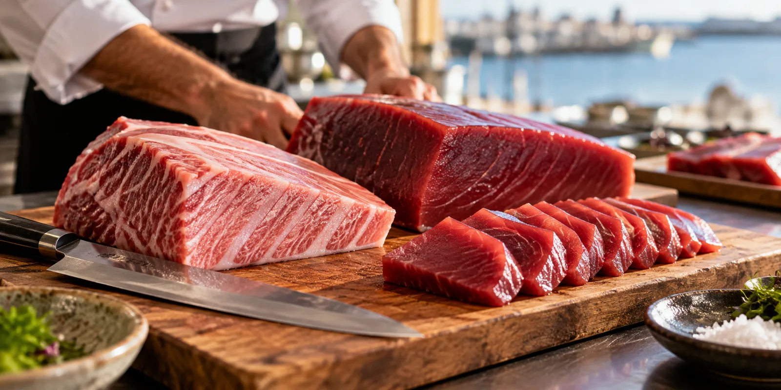 Raw bluefin tuna cuts on a wooden board, a marbled belly piece, a red loin and sliced sashimi, with a chef behind