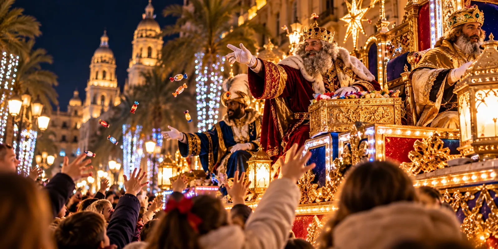 The Three Kings throwing sweets from an illuminated float to children at a night parade