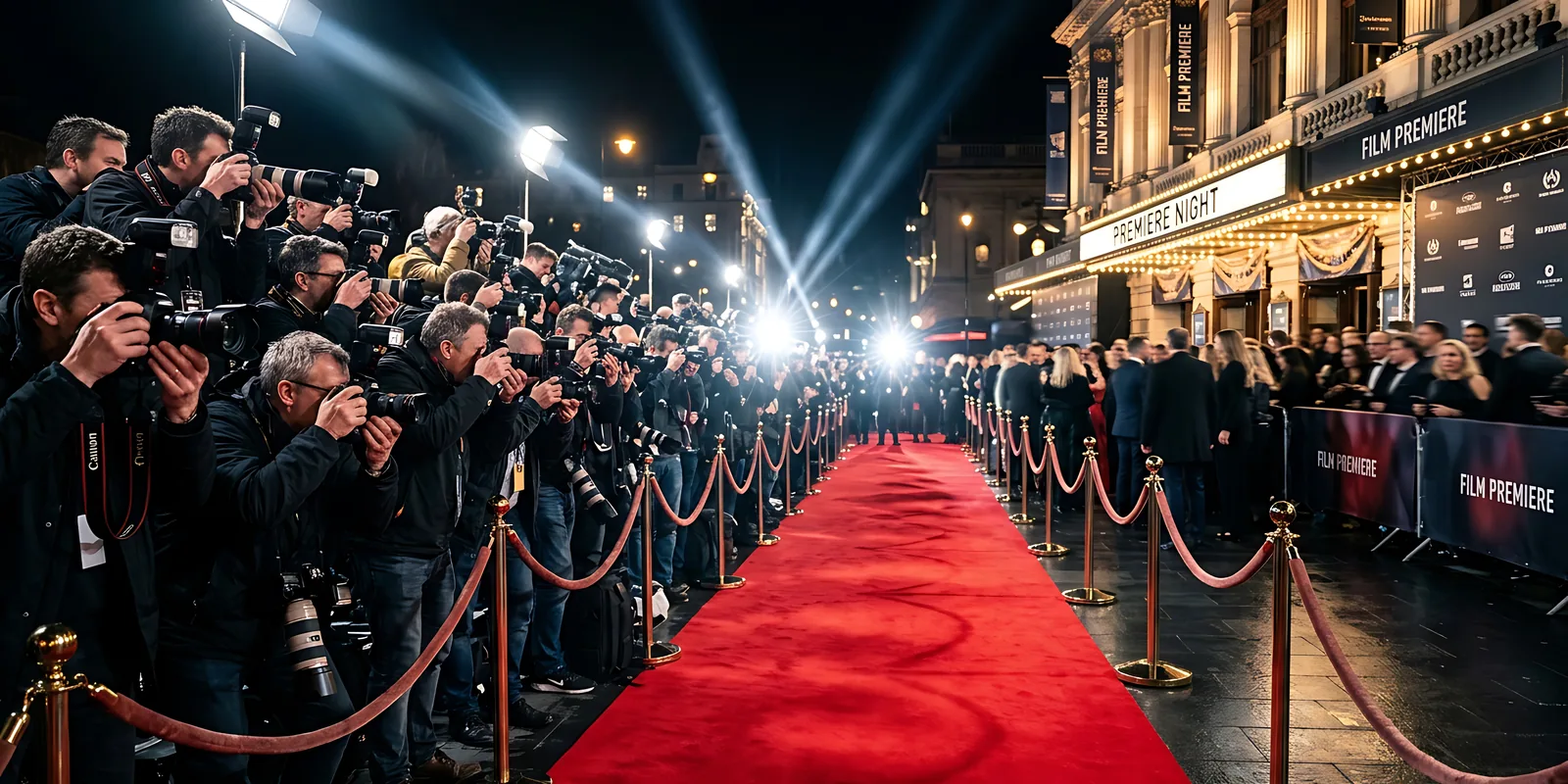 Fotógrafos tras las vallas junto a una alfombra roja de noche, frente a la fachada iluminada de un cine