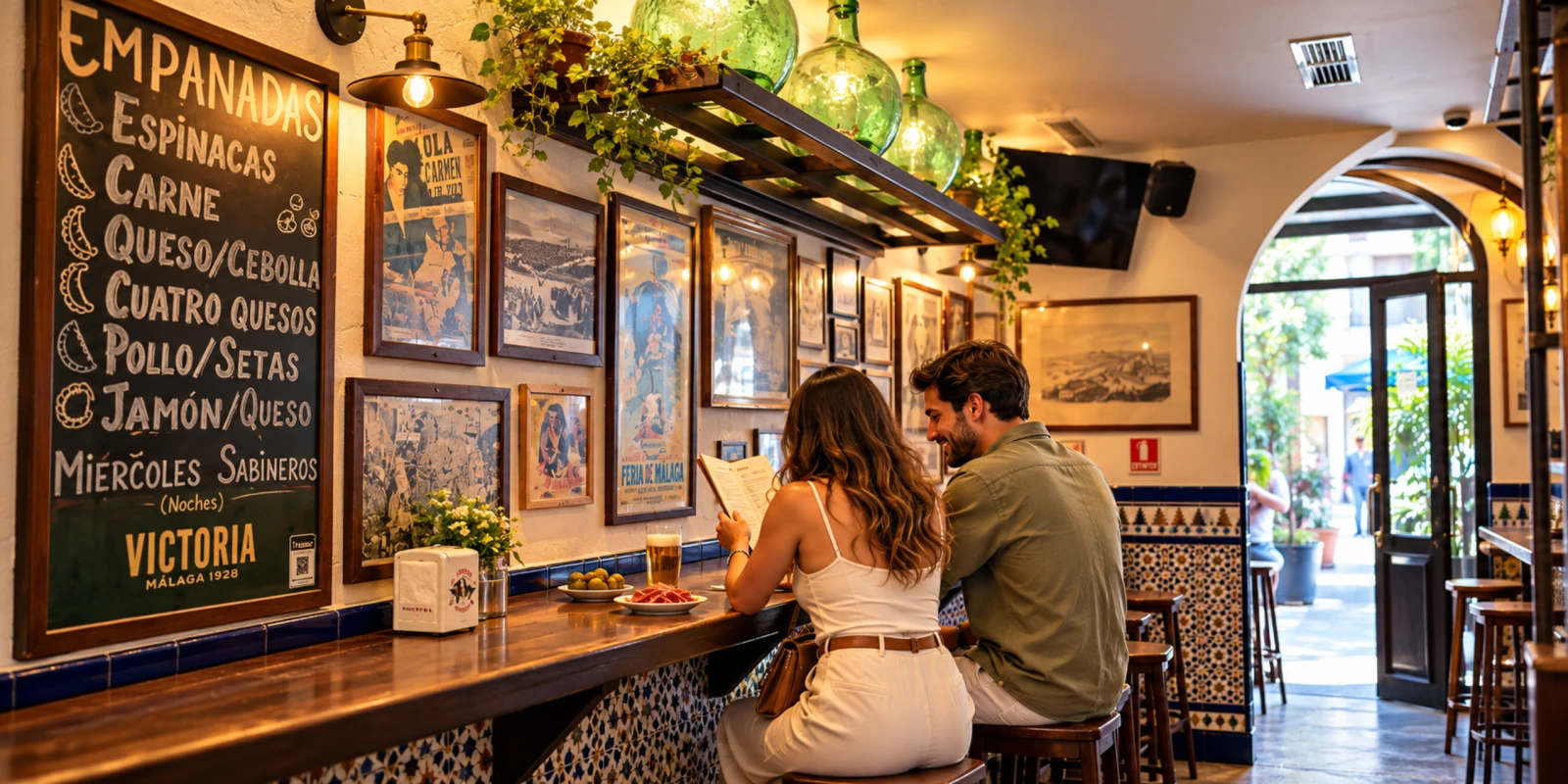 Barra de una tasca con zócalo de azulejos, pizarra de empanadas, carteles antiguos en la pared y una pareja en taburetes