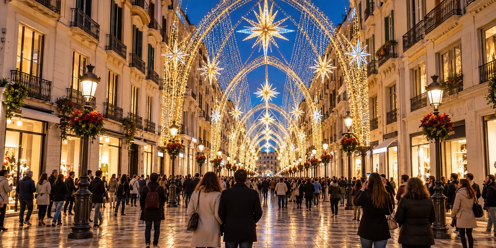 Calle peatonal del centro de Málaga cubierta de arcos y estrellas de luces de Navidad, con gente paseando de noche