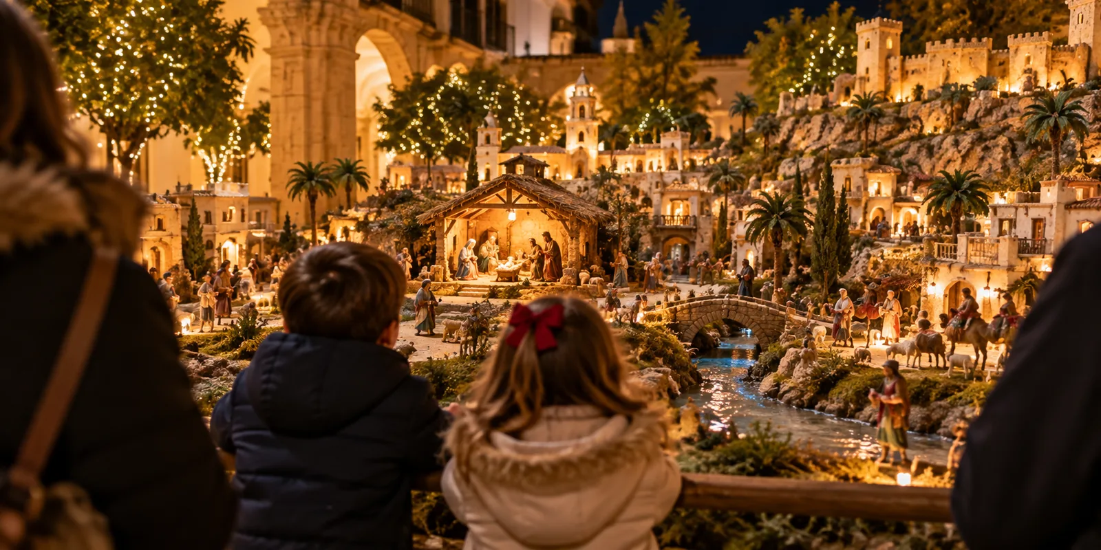 Dos niños de espaldas con abrigo mirando un gran belén iluminado de noche, con casitas, un río y un castillo