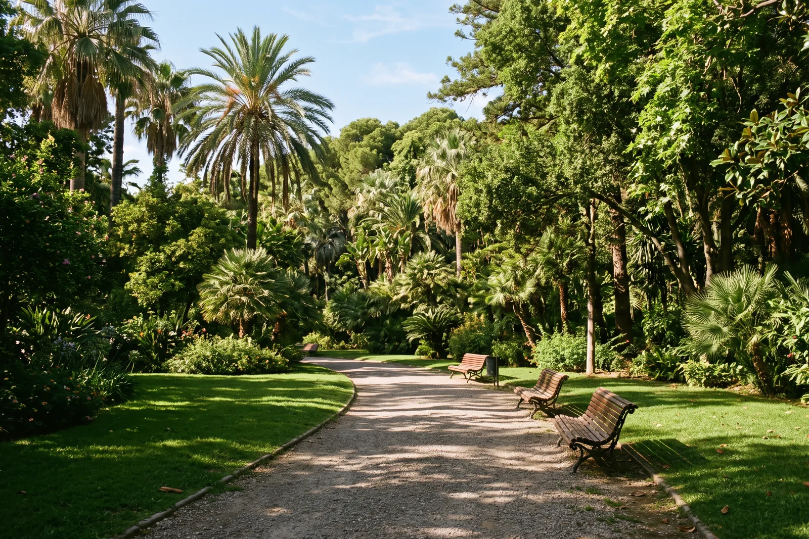 Paseo de grava con bancos de madera entre césped y palmeras altas a la sombra