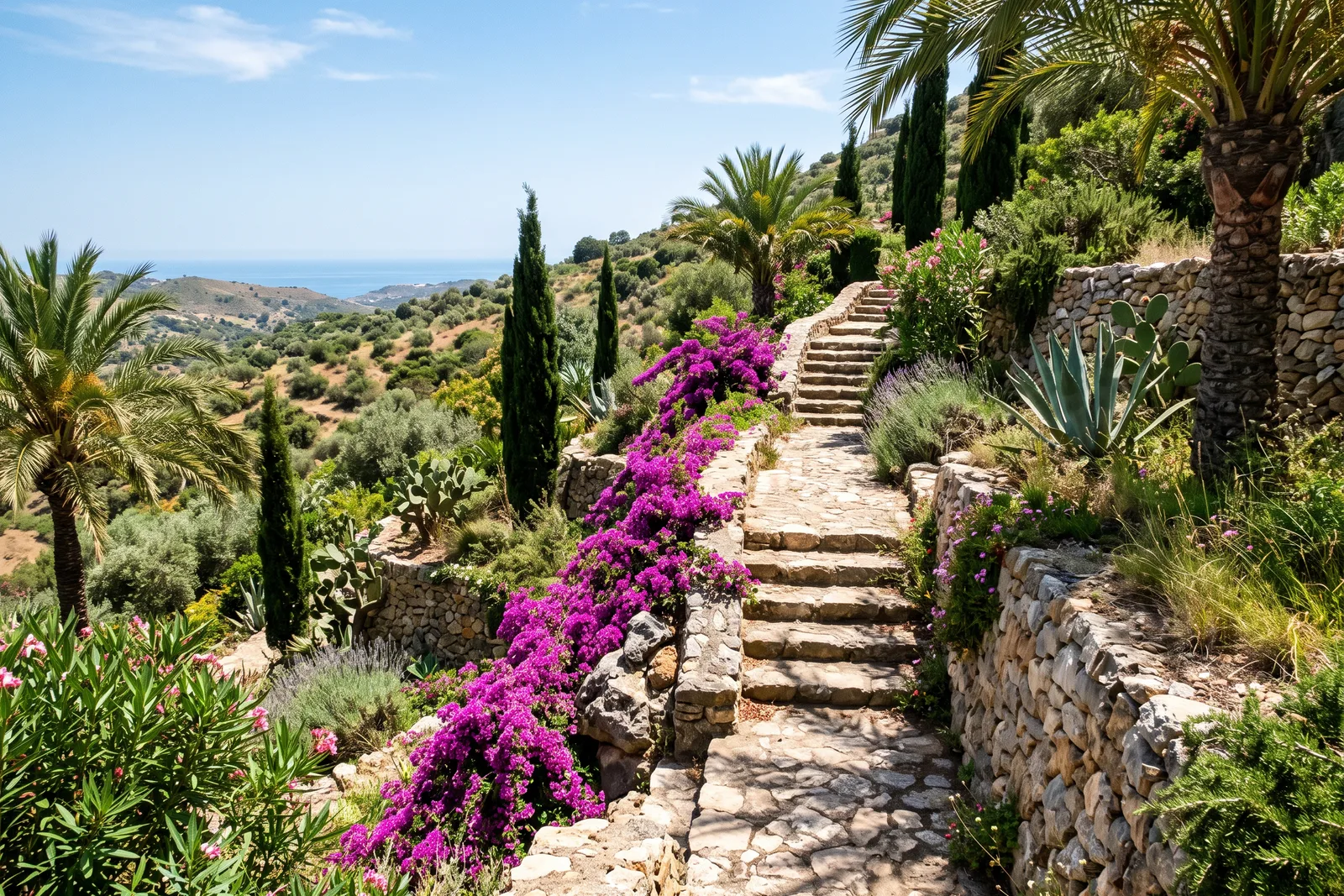 Escalera de piedra entre buganvillas, agaves y cipreses en un jardín en terrazas sobre el mar