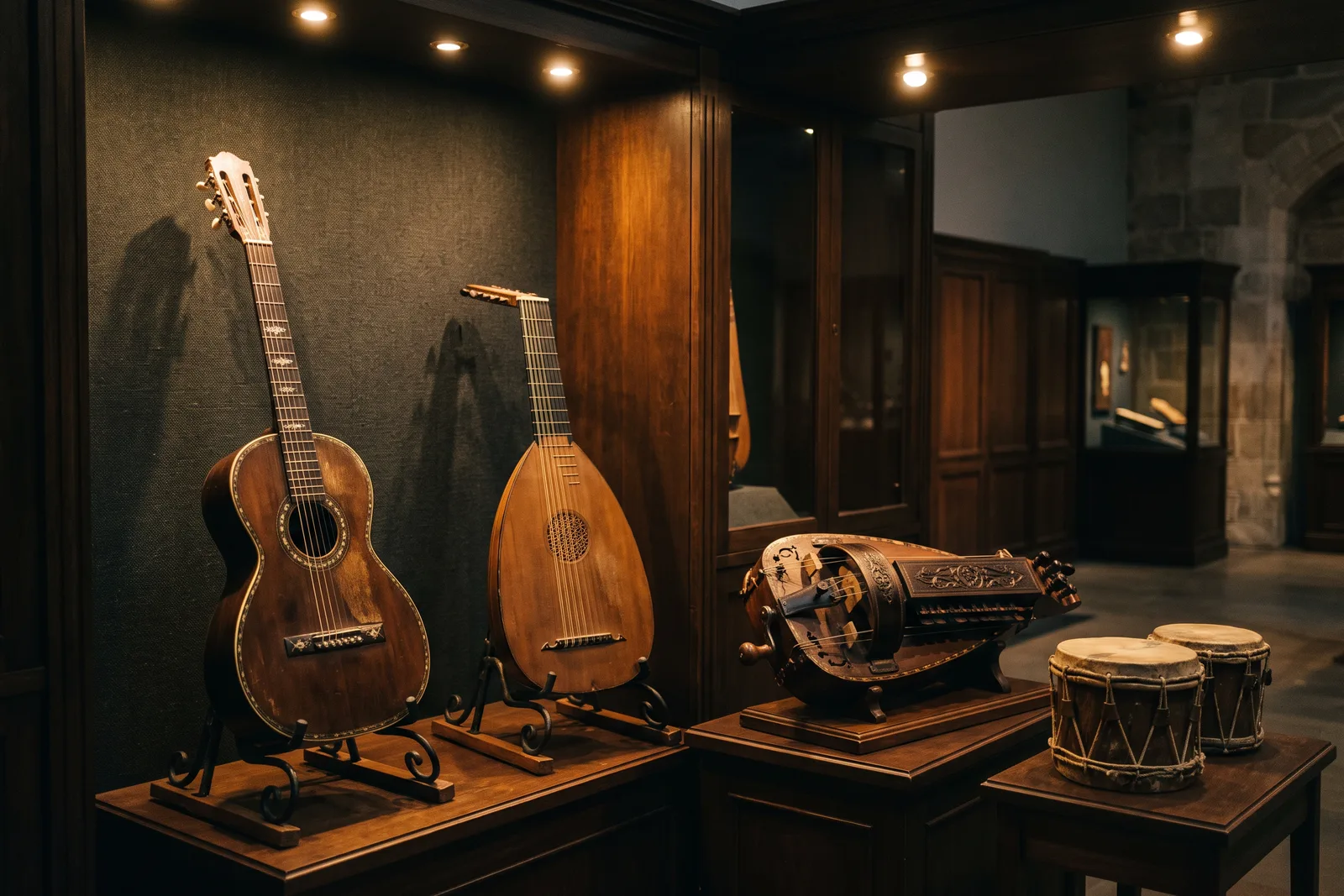 Guitarra y laúd antiguos en soportes, con una zanfoña y dos tambores en una sala de vitrinas