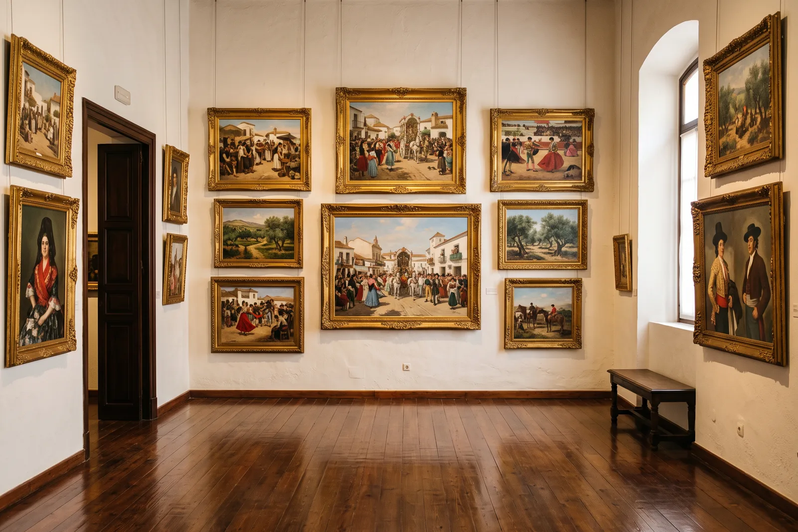 Sala de museo de paredes blancas y suelo de madera con óleos costumbristas andaluces en marcos dorados