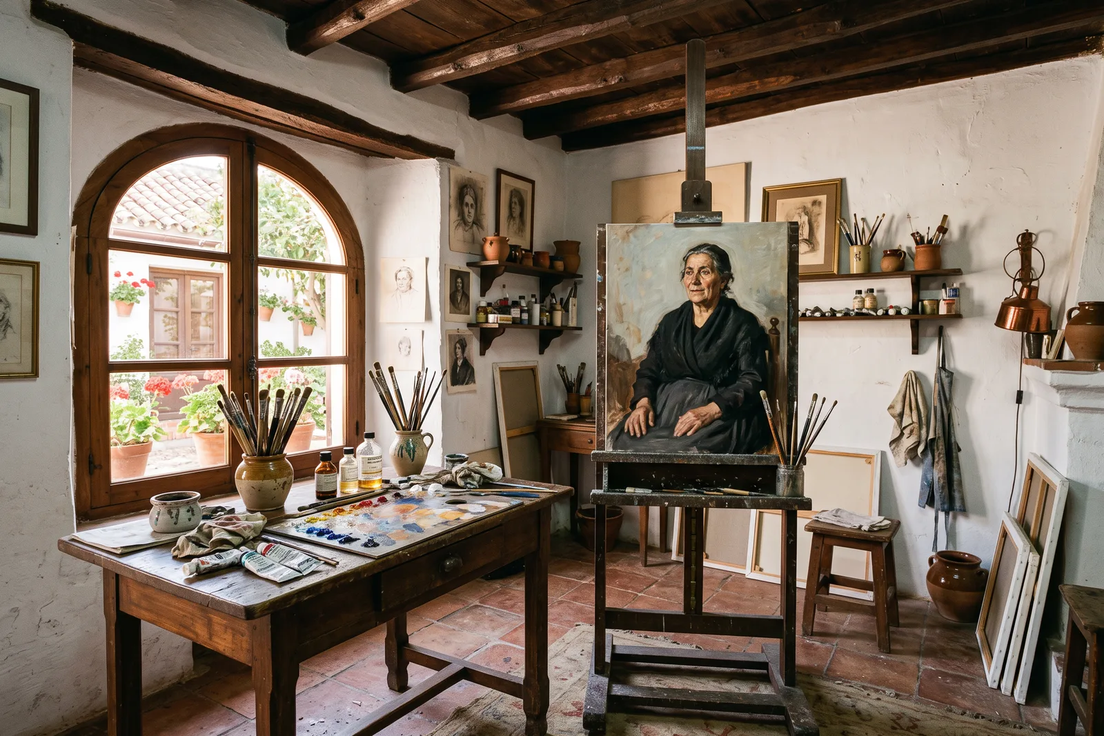 Estudio de pintor con un retrato de una anciana en el caballete, mesa con pinceles y vigas de madera