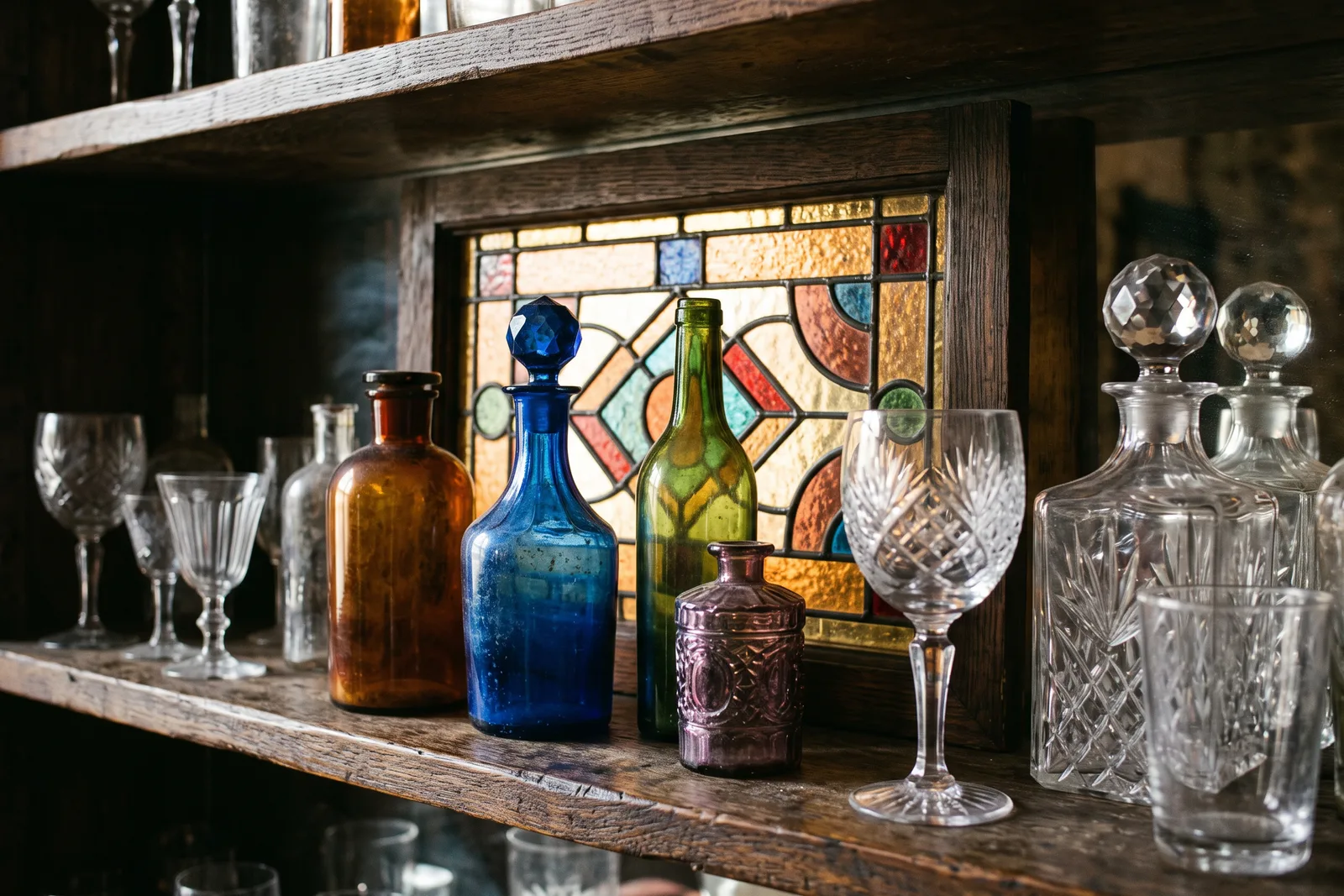 Licoreras y copas de cristal tallado con botellas azules y ámbar delante de una vidriera emplomada
