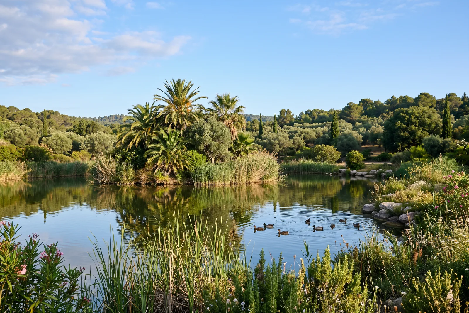 Estanque con patos y una isleta de palmeras rodeada de juncos y vegetación