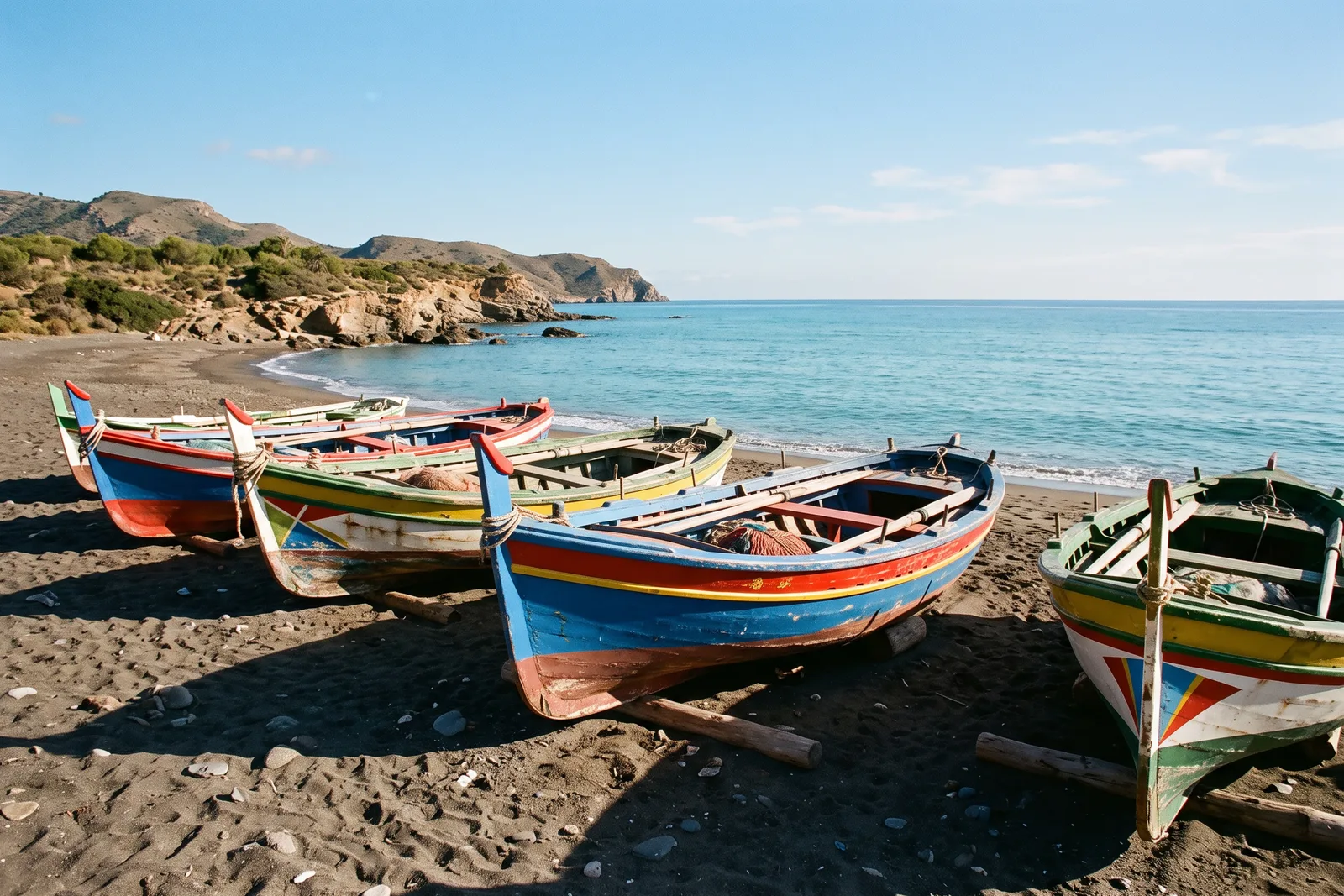 Barcas de jábega de colores varadas en una playa de arena oscura junto al mar