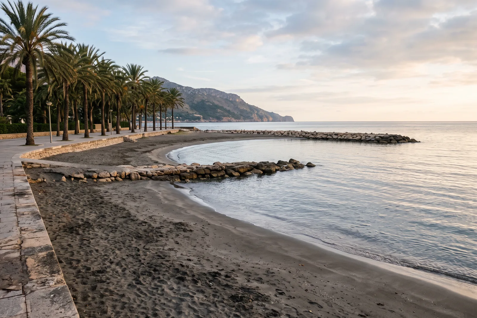 Playa urbana de arena oscura con un espigón de piedra y una hilera de palmeras al amanecer